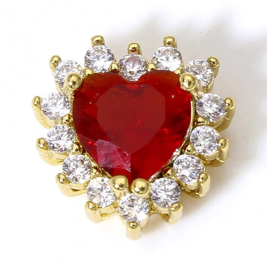 Immagine di 1 Pz Ottone San Valentino Charms Cuore 18K Oro riempito Rosso Trasparente Cubic Zirconiae 10mm x 10mm