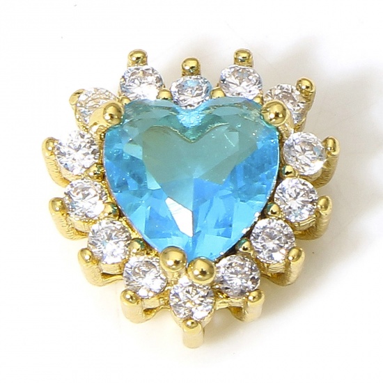 Immagine di 1 Pz Ottone San Valentino Charms Cuore 18K Oro riempito Azzurro Trasparente Cubic Zirconiae 10mm x 10mm