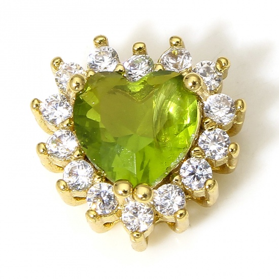 Immagine di 1 Pz Ottone San Valentino Charms Cuore 18K Oro riempito Verde Oliva Trasparente Cubic Zirconiae 10mm x 10mm