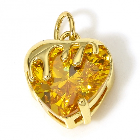 Picture of 1 Piece Brass Valentine's Day Charms 18K Real Gold Plated Heart Champagne Cubic Zirconia 16mm x 11mm