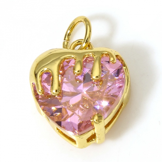 Picture of 1 Piece Brass Valentine's Day Charms 18K Real Gold Plated Melt Love Heart Pink Cubic Zirconia 16mm x 11mm