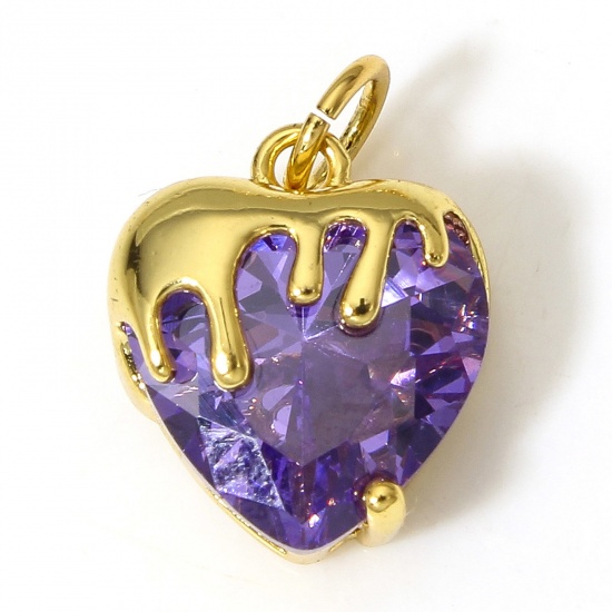 Picture of 1 Piece Brass Valentine's Day Charms 18K Real Gold Plated Melt Love Heart Purple Cubic Zirconia 16mm x 11mm