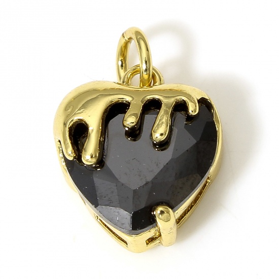 Picture of 1 Piece Brass Valentine's Day Charms 18K Real Gold Plated Melt Love Heart Black Cubic Zirconia 16mm x 11mm