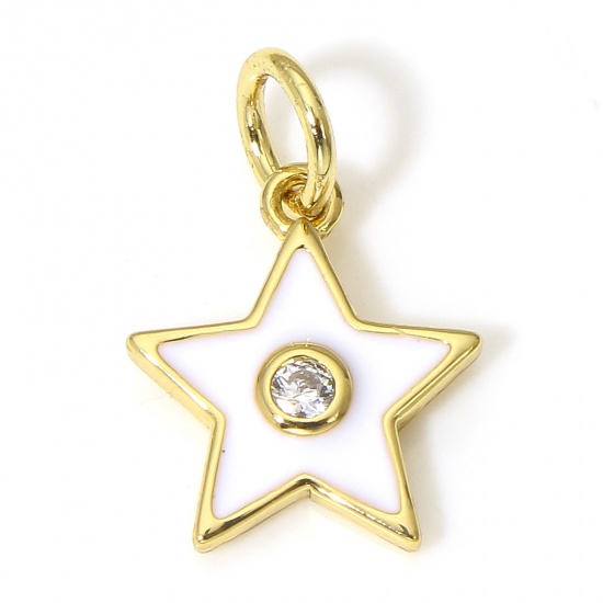 Picture of 1 Piece Brass Galaxy Charms 18K Real Gold Plated White Pentagram Star Enamel Clear Cubic Zirconia 16mm x 11mm