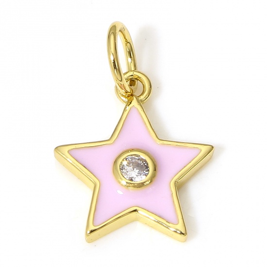 Picture of 1 Piece Brass Galaxy Charms 18K Real Gold Plated Pink Pentagram Star Enamel Clear Cubic Zirconia 16mm x 11mm