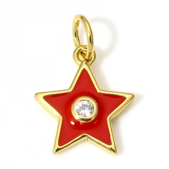 Picture of 1 Piece Brass Galaxy Charms 18K Real Gold Plated Red Pentagram Star Enamel Clear Cubic Zirconia 16mm x 11mm