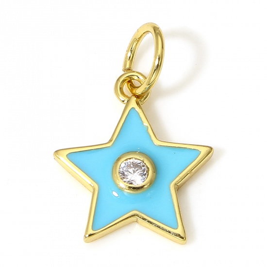 Picture of 1 Piece Brass Galaxy Charms 18K Real Gold Plated Blue Pentagram Star Enamel Clear Cubic Zirconia 16mm x 11mm