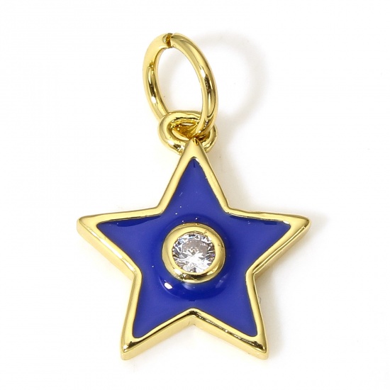 Picture of 1 Piece Brass Galaxy Charms 18K Real Gold Plated Dark Blue Pentagram Star Enamel Clear Cubic Zirconia 16mm x 11mm