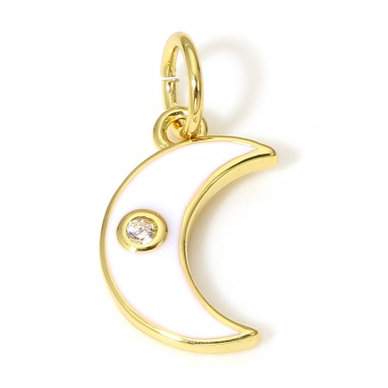 Picture of 1 Piece Brass Galaxy Charms 18K Real Gold Plated White Half Moon Enamel Clear Cubic Zirconia 16mm x 8mm