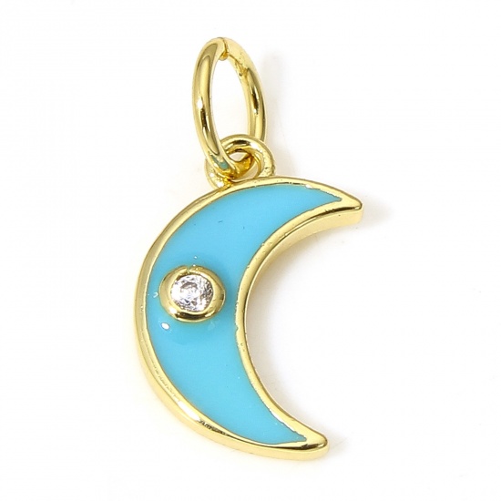 Picture of 1 Piece Brass Galaxy Charms 18K Real Gold Plated Blue Half Moon Enamel Clear Cubic Zirconia 16mm x 8mm