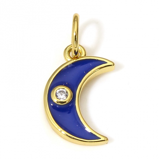 Picture of 1 Piece Brass Galaxy Charms 18K Real Gold Plated Dark Blue Half Moon Enamel Clear Cubic Zirconia 16mm x 8mm