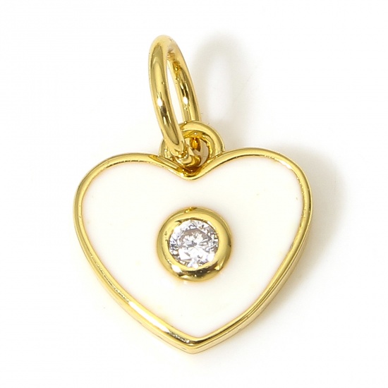 Picture of 1 Piece Brass Valentine's Day Charms 18K Real Gold Plated White Heart Enamel Clear Cubic Zirconia 13mm x 9mm