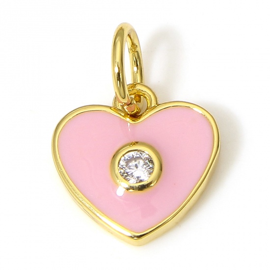 Picture of 1 Piece Brass Valentine's Day Charms 18K Real Gold Plated Pink Heart Enamel Clear Cubic Zirconia 13mm x 9mm