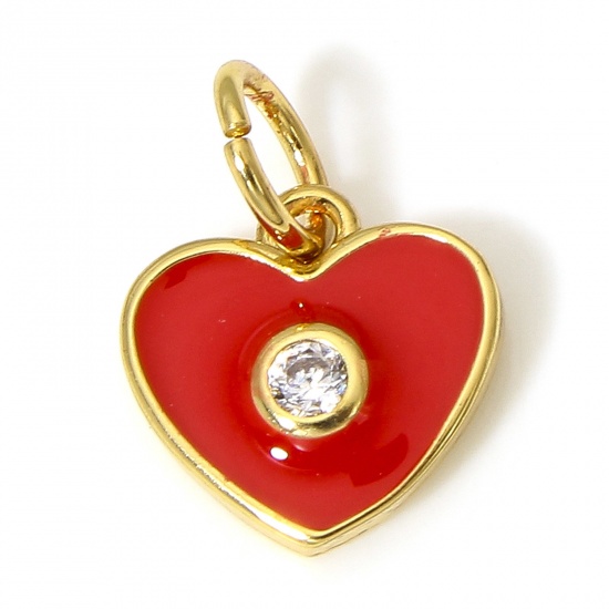 Picture of 1 Piece Brass Valentine's Day Charms 18K Real Gold Plated Red Heart Enamel Clear Cubic Zirconia 13mm x 9mm