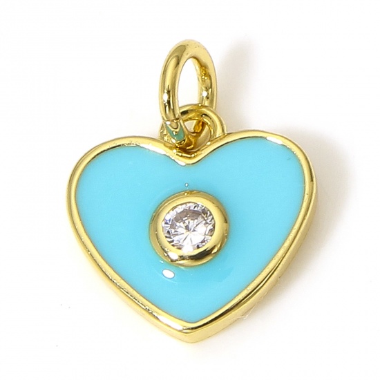 Picture of 1 Piece Brass Valentine's Day Charms 18K Real Gold Plated Blue Heart Enamel Clear Cubic Zirconia 13mm x 9mm