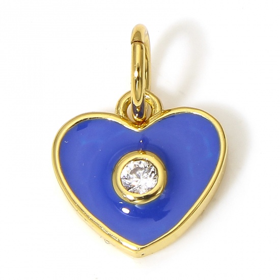 Picture of 1 Piece Brass Valentine's Day Charms 18K Real Gold Plated Dark Blue Heart Enamel Clear Cubic Zirconia 13mm x 9mm