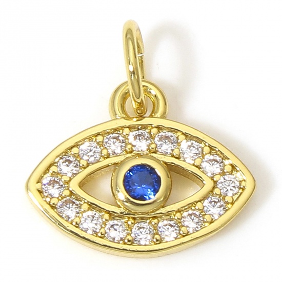 Picture of 1 Piece Brass Micro Pave Charms 18K Real Gold Plated Dark Blue Eye Hollow Clear Cubic Zirconia 13mm x 12mm