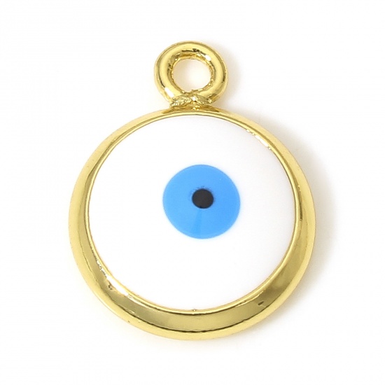 Picture of 2 PCs Brass Religious Charms 18K Real Gold Plated White Round Evil Eye Enamel 13mm x 10mm