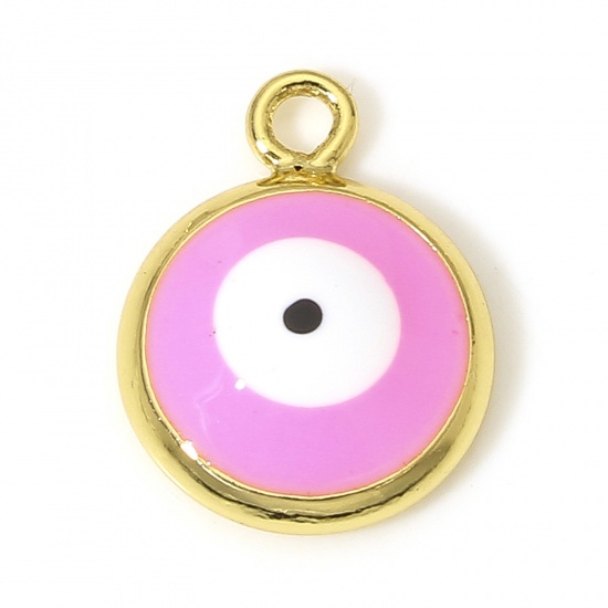 Picture of 2 PCs Brass Religious Charms 18K Real Gold Plated Pink Round Evil Eye Enamel 13mm x 10mm