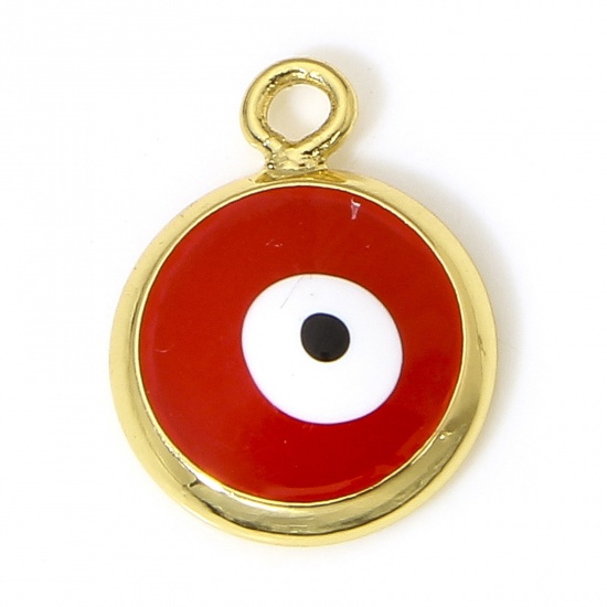 Picture of 2 PCs Brass Religious Charms 18K Real Gold Plated Red Round Evil Eye Enamel 13mm x 10mm