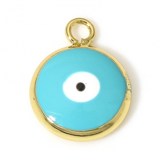 Picture of 2 PCs Brass Religious Charms 18K Real Gold Plated Green Blue Round Evil Eye Enamel 13mm x 10mm