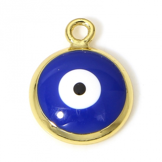 Picture of 2 PCs Brass Religious Charms 18K Real Gold Plated Dark Blue Round Evil Eye Enamel 13mm x 10mm