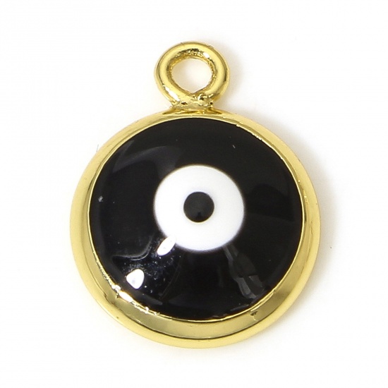 Picture of 2 PCs Brass Religious Charms 18K Real Gold Plated Black Round Evil Eye Enamel 13mm x 10mm