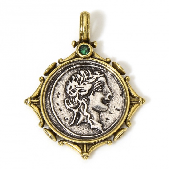 Picture of 1 Piece Brass Pendants Antique Bronze Antique Silver Two Tone Color Coin Beauty Lady Green Cubic Zirconia 3.3cm x 2.6cm