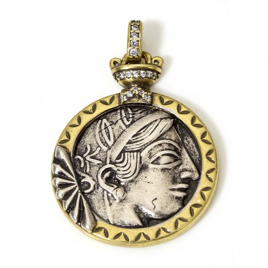 Picture of 1 Piece Brass Pendants Antique Bronze Antique Silver Two Tone Color Coin Beauty Lady Clear Cubic Zirconia 3.7cm x 2.5cm