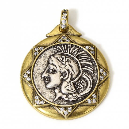 Picture of 1 Piece Brass Pendants Antique Bronze Antique Silver Two Tone Color Coin Beauty Lady Clear Cubic Zirconia 3.5cm x 2.6cm