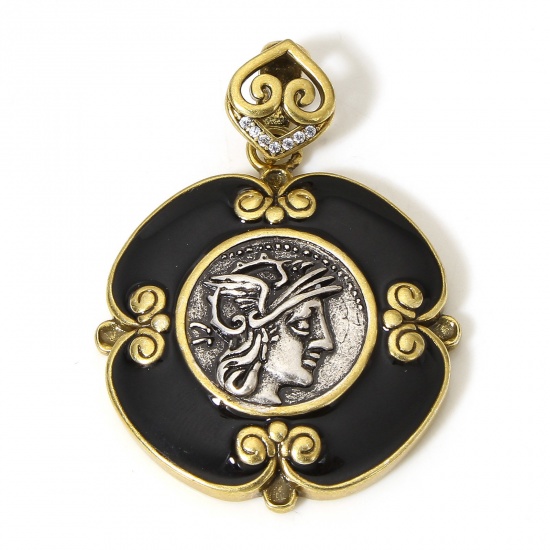 Picture of 1 Piece Brass Pendants Antique Bronze Antique Silver Two Tone Color Coin Beauty Lady Enamel 4.3cm x 3cm