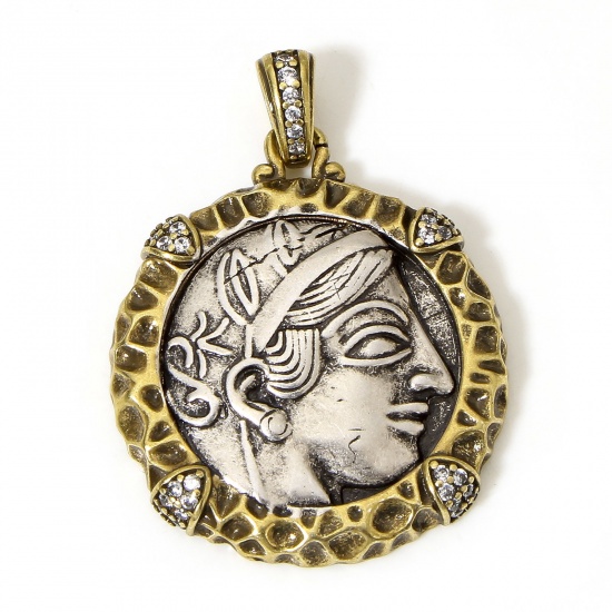 Picture of 1 Piece Brass Pendants Antique Bronze Antique Silver Two Tone Color Coin Beauty Lady Clear Cubic Zirconia 4.1cm x 3cm