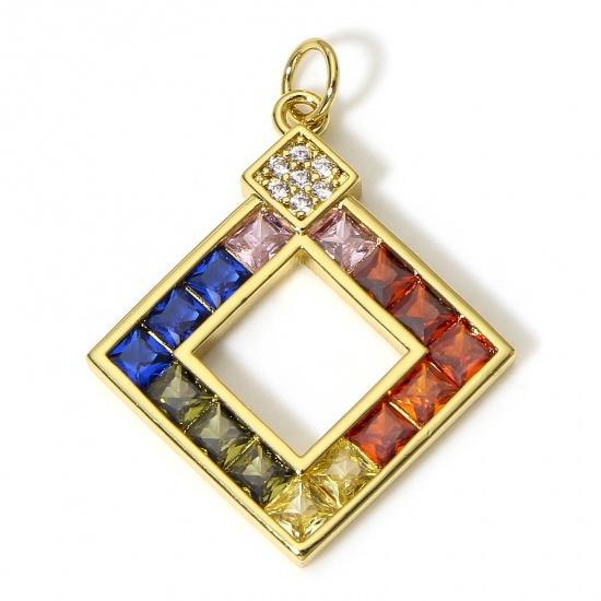 Picture of 1 Piece Brass Micro Pave Pendants 18K Real Gold Plated Rhombus Hollow Multicolour Cubic Zirconia 3.2cm x 2.4cm