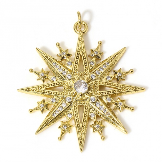 Picture of 1 Piece Brass Galaxy Pendants 18K Real Gold Plated Star Micro Pave Clear Cubic Zirconia 4.1cm x 3.5cm