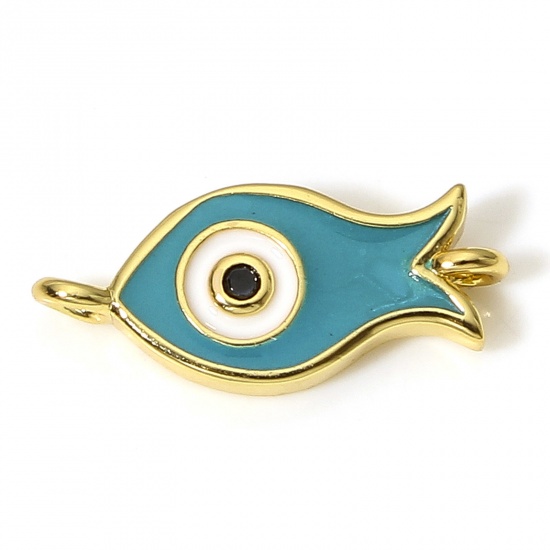 Bild von 1 Stück Messing Religiös Steckverbinder Charms Anhänger 18K Echtgold plattiert Cyan Fisch Böser Blick Evil Eye Emaille 15mm x 7mm