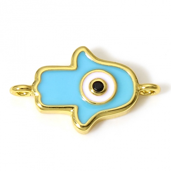 Bild von 1 Stück Messing Religiös Steckverbinder Charms Anhänger 18K Echtgold plattiert Cyan Hamsa Symbol Hand Böser Blick Evil Eye Emaille 16,5mm x 10mm