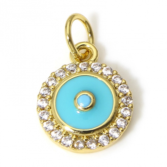 Bild von 1 Stück Messing Religiös Charms 18K Echtgold plattiert Cyan Rund Böser Blick Evil Eye Emaille Klar Zirkonia 16mm x 10mm