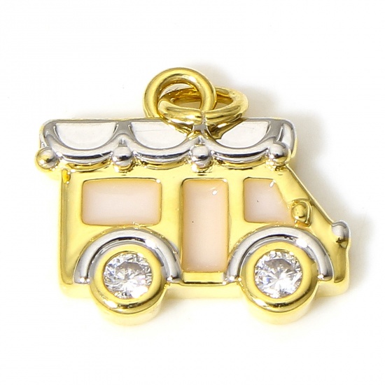 Immagine di 1 Pz Ottone Charms Macchina 18K Vero Oro Placcato Bianco Smalto Trasparente Cubic Zirconiae 14.5mm x 14mm