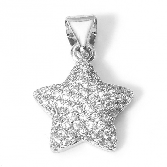 Bild von 1 Stück Messing Galaxis Charm-Anhänger Echt Platin plattiert Pentagramm Stern Micro Pave Klar Zirkonia 19mm x 13mm