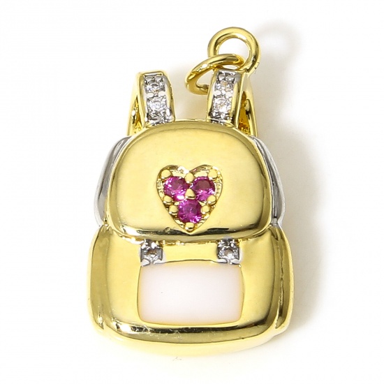 Immagine di 1 Pz Ottone Istituto Gioielli Charms Borsa da scuola 18K Vero Oro Placcato Bianco Trasparente & Rosso Cubic Zirconiae 23mm x 12mm