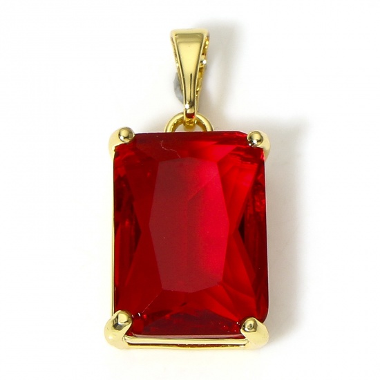 Picture of 1 Piece Brass Geometric Charms 18K Real Gold Plated Rectangle Red Cubic Zirconia 23mm x 11mm