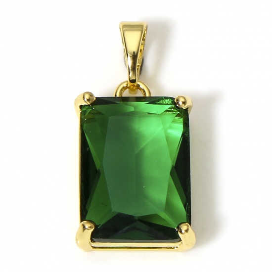 Picture of 1 Piece Brass Geometric Charms 18K Real Gold Plated Rectangle Green Cubic Zirconia 23mm x 11mm