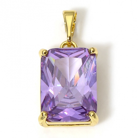 Picture of 1 Piece Brass Geometric Charms 18K Real Gold Plated Rectangle Purple Cubic Zirconia 23mm x 11mm
