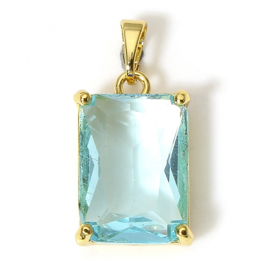 Picture of 1 Piece Brass Geometric Charms 18K Real Gold Plated Rectangle Light Blue Cubic Zirconia 23mm x 11mm