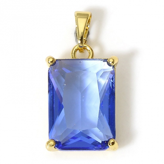 Picture of 1 Piece Brass Geometric Charms 18K Real Gold Plated Rectangle Deep Blue Cubic Zirconia 23mm x 11mm