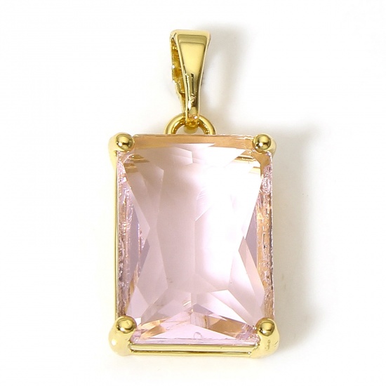 Picture of 1 Piece Brass Geometric Charms 18K Real Gold Plated Rectangle Pink Cubic Zirconia 23mm x 11mm