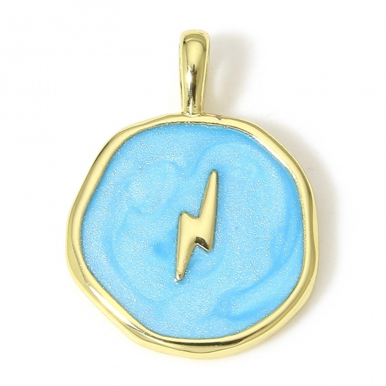 Picture of 1 Piece Brass Weather Collection Charms 18K Real Gold Plated Blue Irregular Lightning Enamel 18.5mm x 14mm