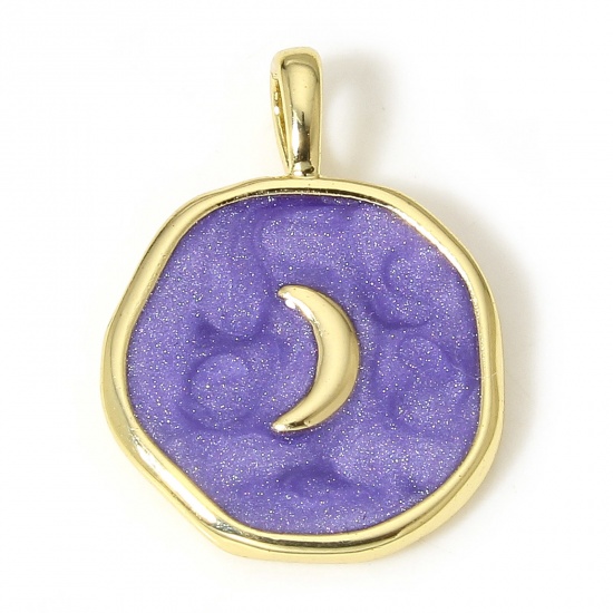 Picture of 1 Piece Brass Galaxy Charms 18K Real Gold Plated Purple Irregular Moon Enamel 18.5mm x 14mm