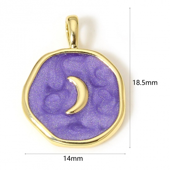 Picture of 1 Piece Brass Galaxy Charms 18K Real Gold Plated Purple Irregular Moon Enamel 18.5mm x 14mm