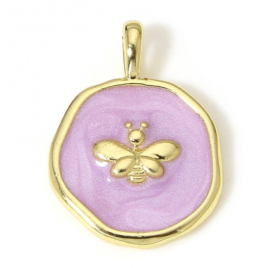 Picture of 1 Piece Brass Insect Charms 18K Real Gold Plated Mauve Irregular Bee Enamel 18.5mm x 14mm